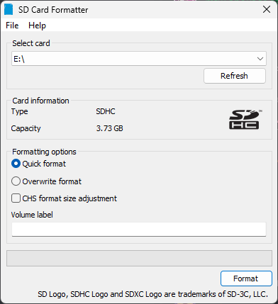 Capture d'écran de SD Card Formatter sur Windows 11