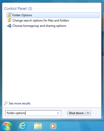 Screenshot of a search for "folder options" in the Windows 7 Start Menu