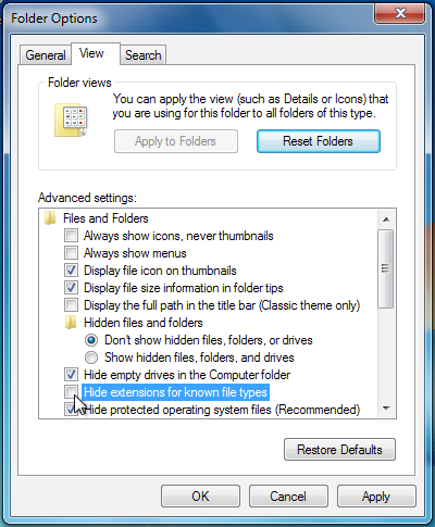Képernyőkép a "Mappa beállítások" ablakról Windows 7-en az "Ismert fájltípusok kiterjesztésének elrejtése" opció kikapcsolt állapotával