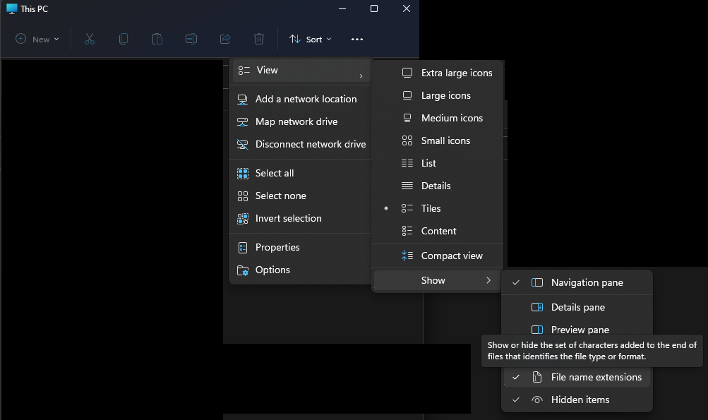 Capture d'écran du survol de la case à cocher « Extensions de noms de fichier » sur Windows 11